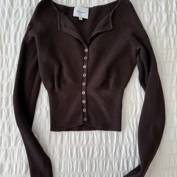 Ribbed Button-Front Crop Cardigan in Dark Brown - Picture 2 of 2
